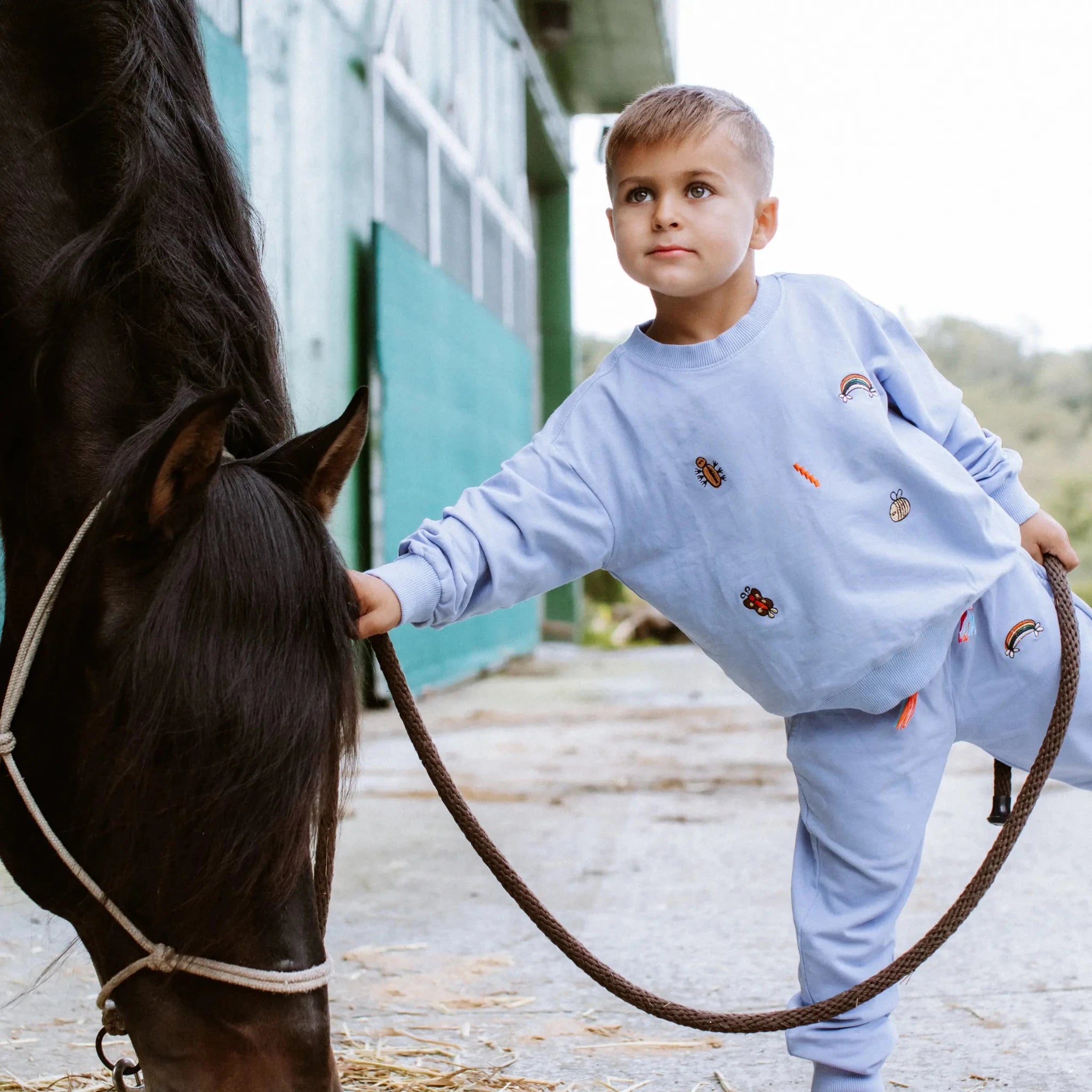 Blue Fun Sweatshirt & Sweatpants Set with embroidery