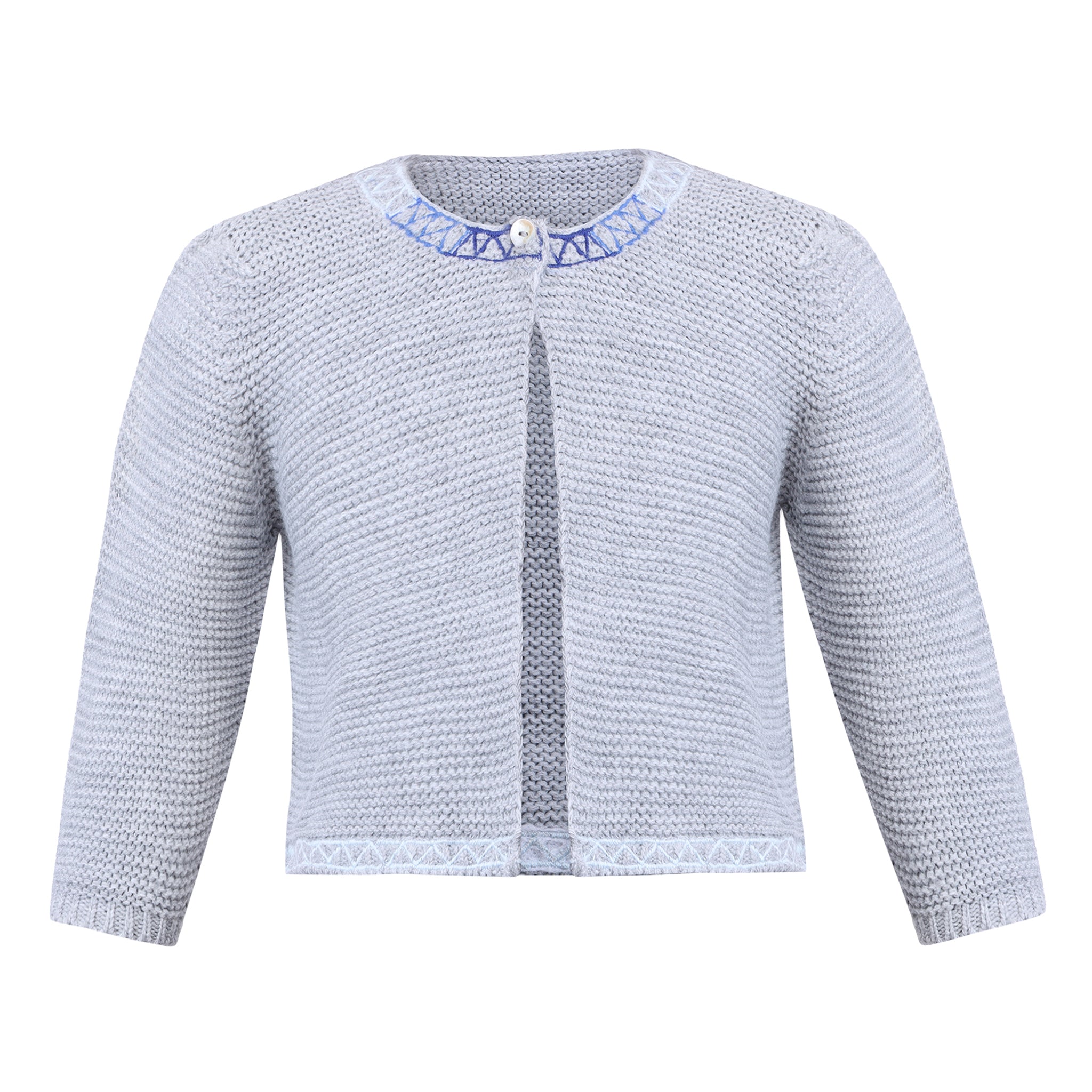 Piglo Kids Light blue knit cardigan with blue embroidered details on the collar and hem, perfect for baby boys and girls.