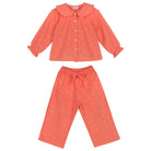 Piglo Kids heart blouse and pants set with hearts, Peter Pan collar, and elastic waistband.