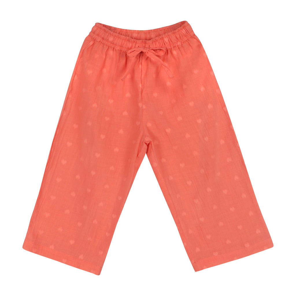 Piglo Kids heart pants with hearts, elastic waistband, and adjustable rope for kids.