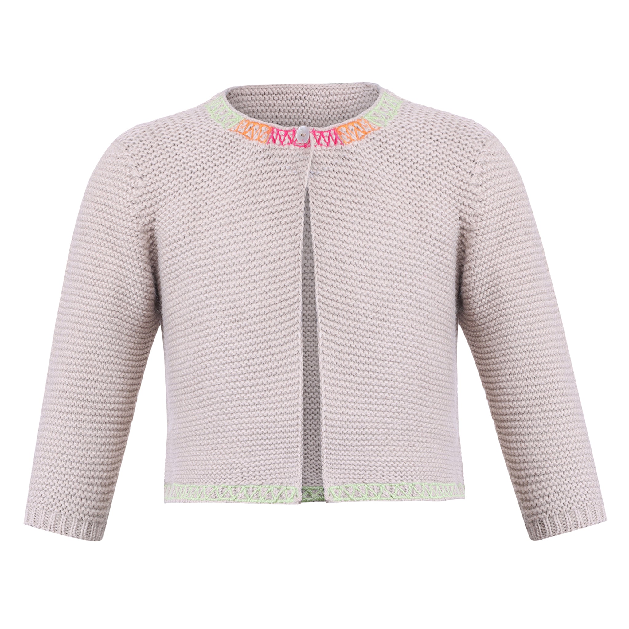 Piglo Kids cream knit sweater with colorful embroidery on the collar, perfect for baby boys and girls.