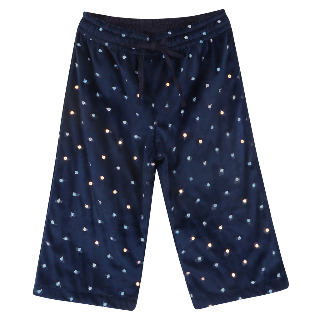 Piglo Kids navy velvet pants for kids with shimmering sequins, elastic waistband, and adjustable rope