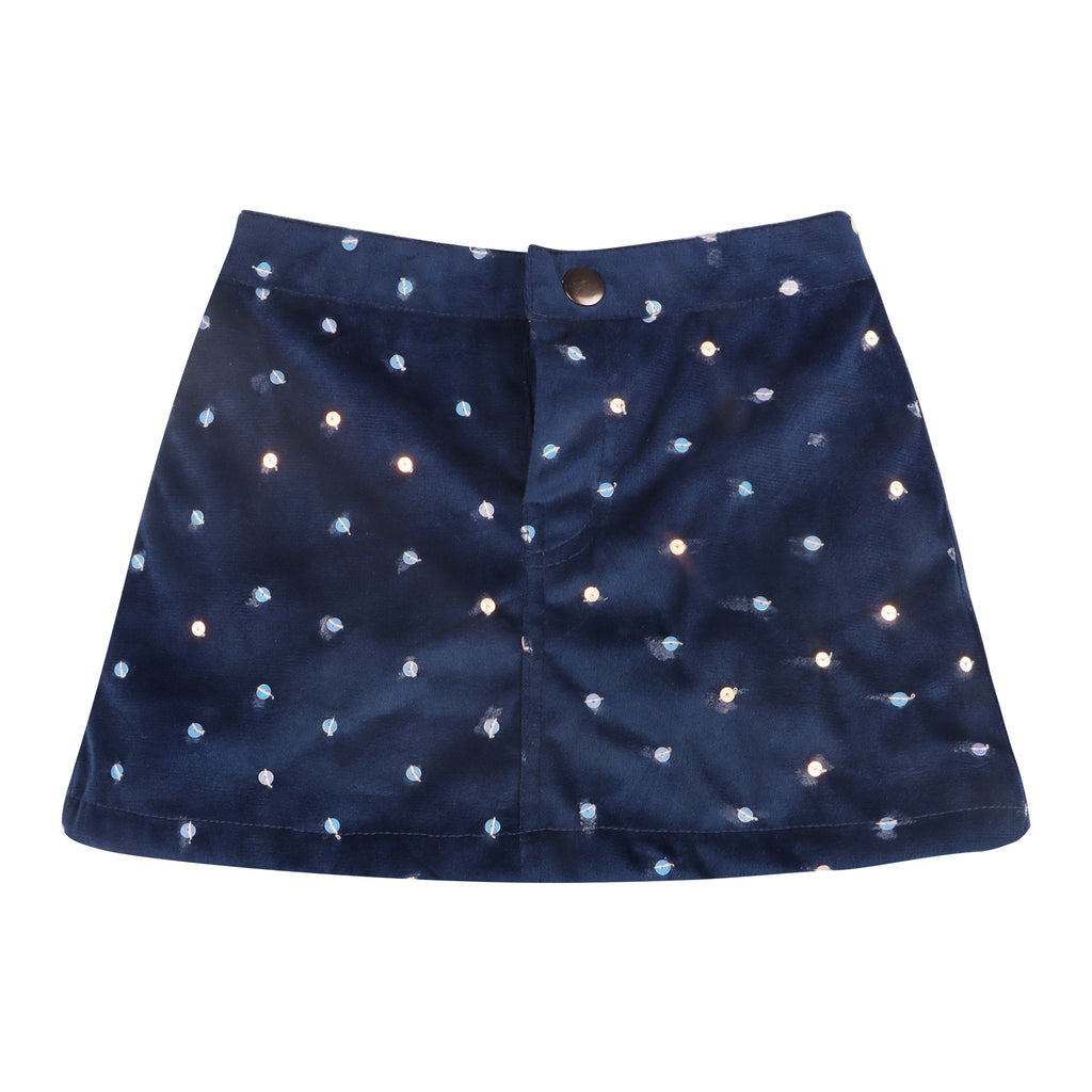 Piglo Kids Handcrafted navy velvet skirt with handmade sequins, elasticated waistband, and front button fastening for kids.