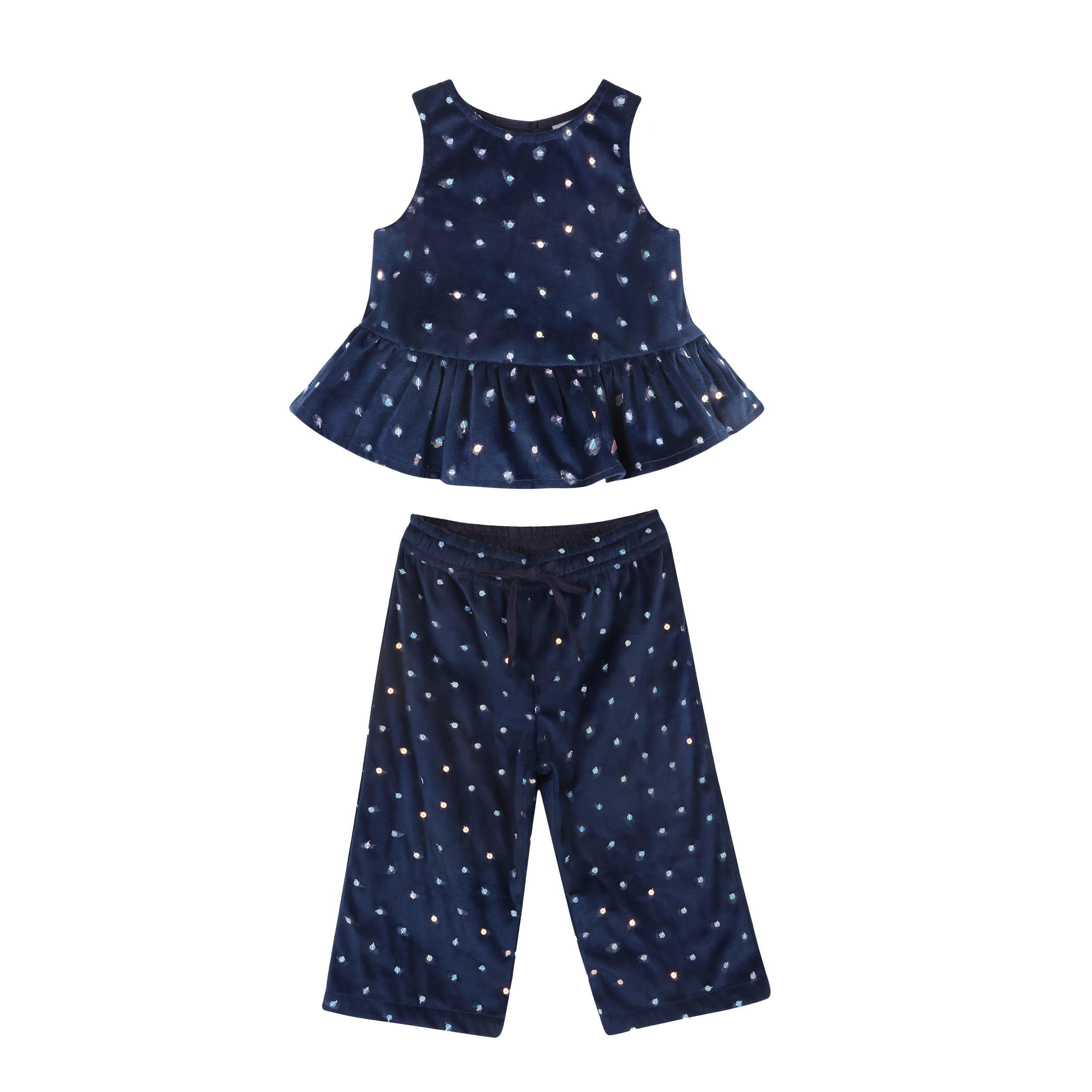 Piglo Kids handcrafted velvet two-piece set for kids, featuring a sequined top with a teardrop back and ruffled hem, paired with matching pants.