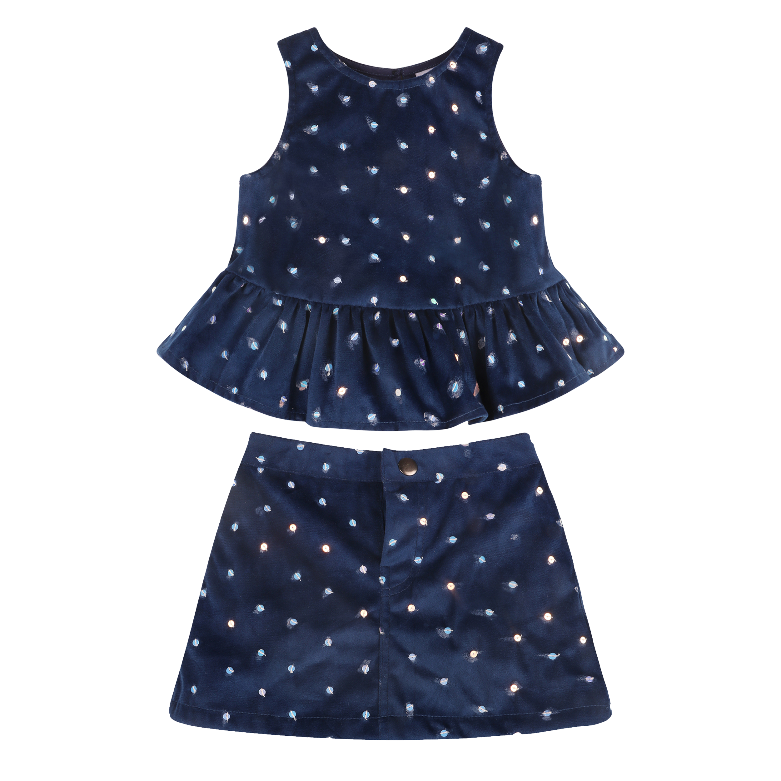 Piglo Kids velvet two-piece set for kids with sequined top and matching skirt.