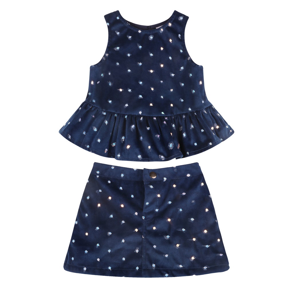 Piglo Kids velvet two-piece set for kids with sequined top and matching skirt.