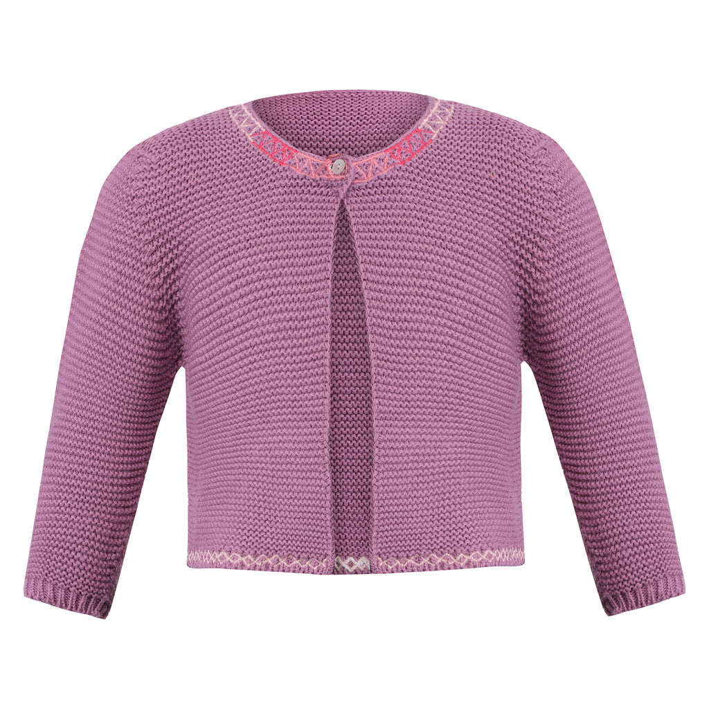 Piglo Kids Pink knit cardigan with colorful embroidery on the collar, ideal for baby girls' outfits and cool-weather layering.