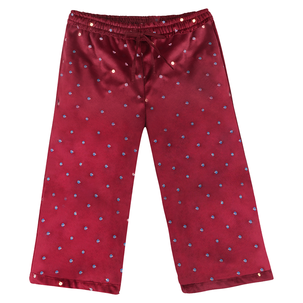 Piglo Kids red velvet pants for kids with shimmering sequins, elastic waistband, and adjustable rope