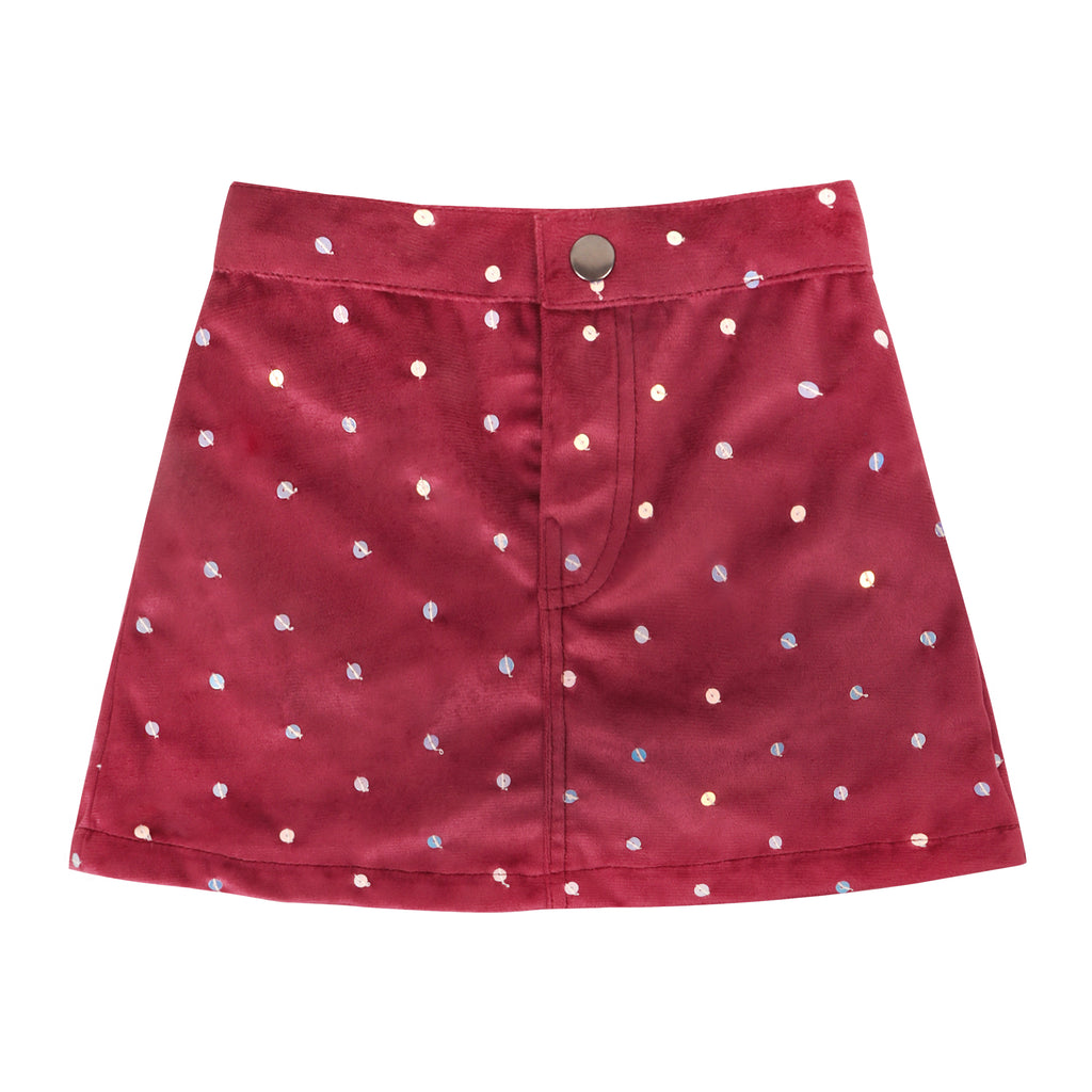 Piglo Kids Handcrafted red velvet skirt with handmade sequins, elasticated waistband, and front button fastening for kids.